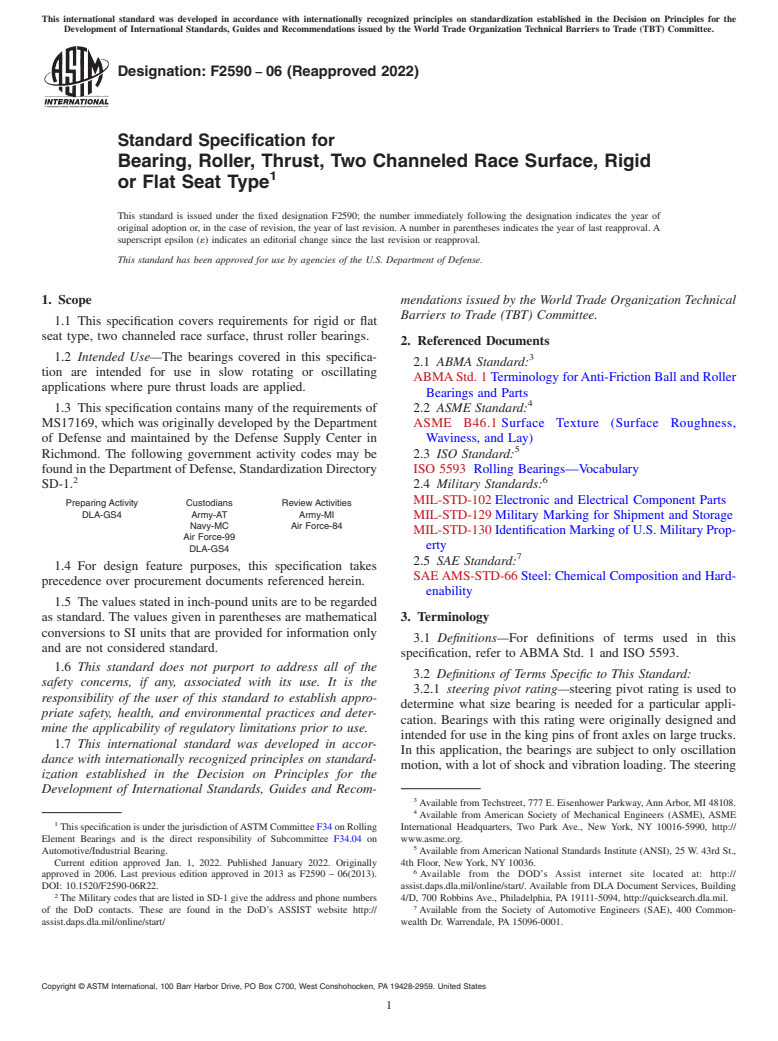 ASTM F2590-06(2022) - Standard Specification for  Bearing, Roller, Thrust, Two Channeled Race Surface, Rigid  or Flat Seat Type