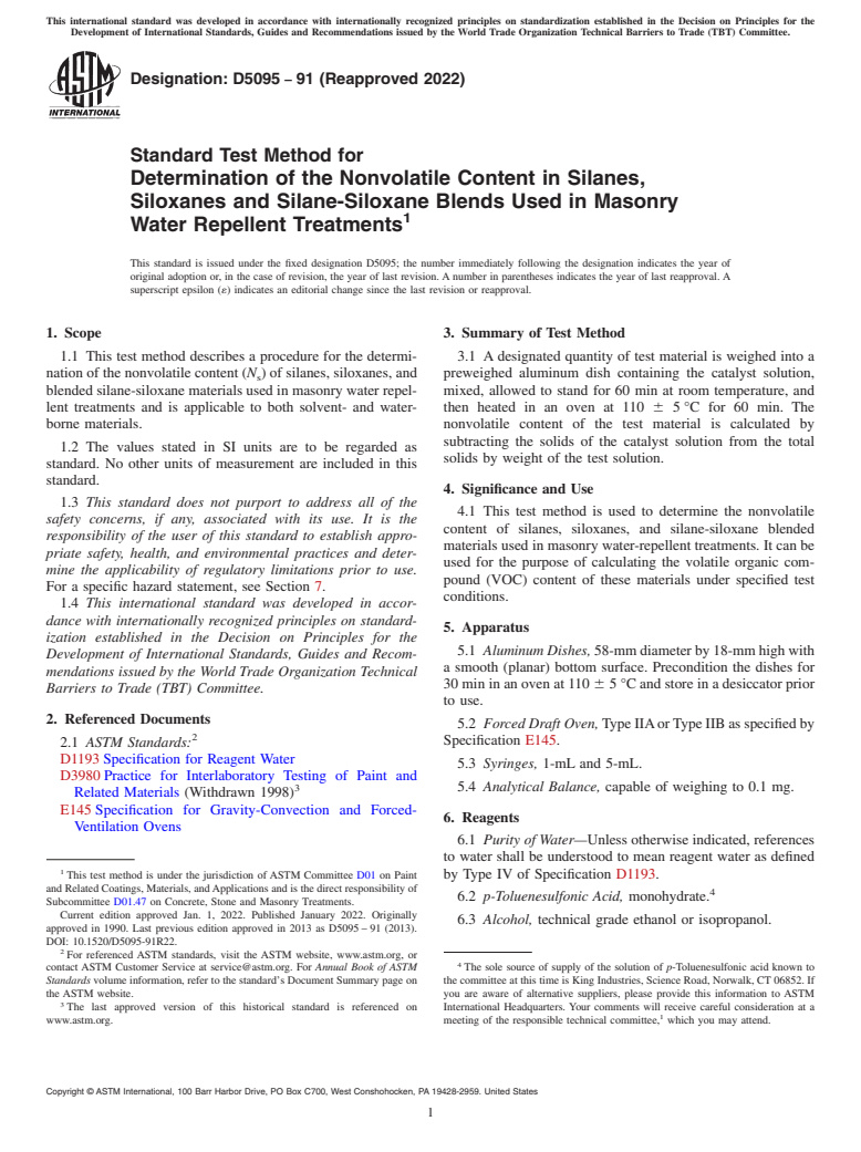 ASTM D5095-91(2022) - Standard Test Method for Determination of the Nonvolatile Content in Silanes, Siloxanes   and  Silane-Siloxane Blends Used in Masonry Water Repellent Treatments