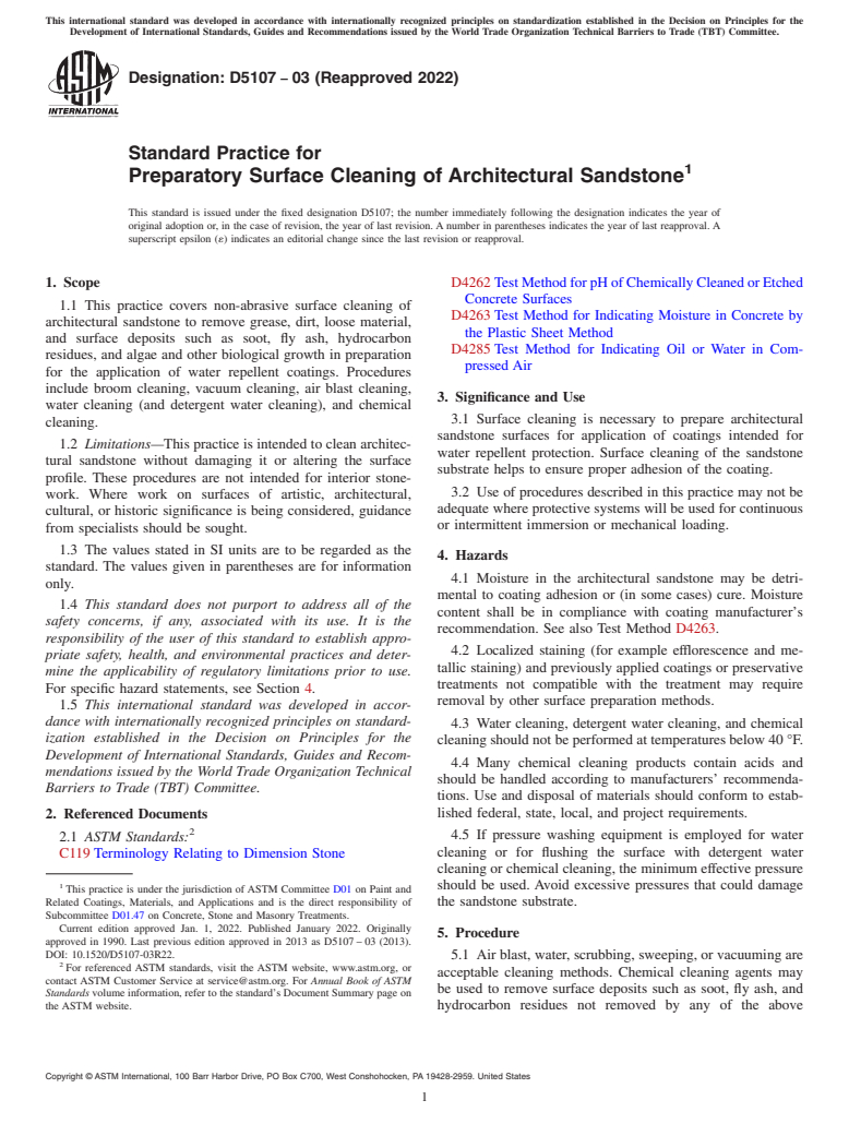 ASTM D5107-03(2022) - Standard Practice for Preparatory Surface Cleaning of Architectural Sandstone