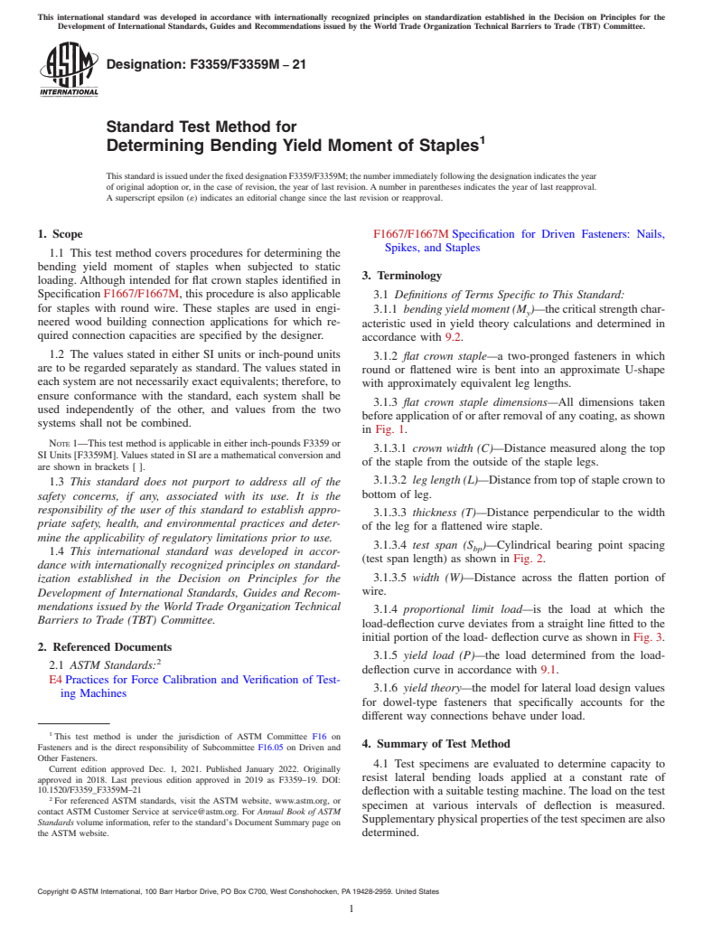 ASTM F3359/F3359M-21 - Standard Test Method for Determining Bending Yield Moment of Staples