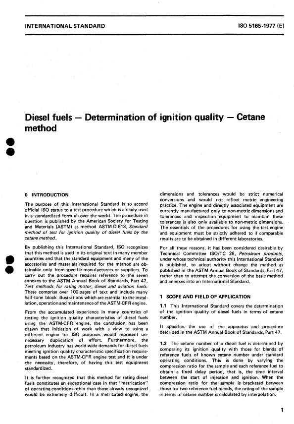ISO 5165:1977 - Diesel fuels -- Determination of ignition quality -- Cetane method