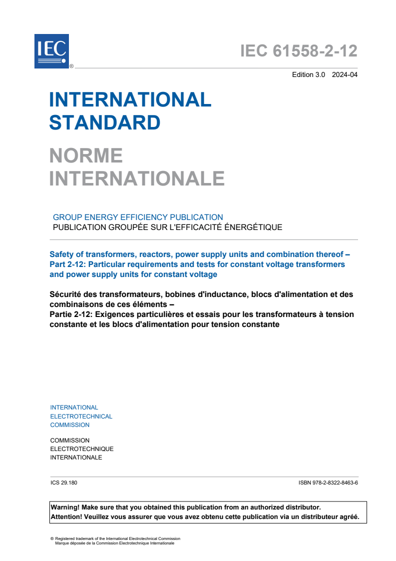 IEC 61558-2-12:2024 - Safety of transformers, reactors, power supply units and combinations thereof - Part 2-12: Particular requirements and tests for constant voltage transformers and power supply units for constant voltage
Released:4/10/2024
Isbn:9782832284636