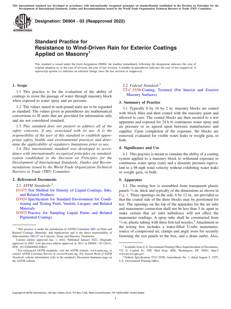 ASTM D6904-03(2022) - Standard Practice for Resistance to Wind-Driven Rain for Exterior Coatings Applied  on Masonry