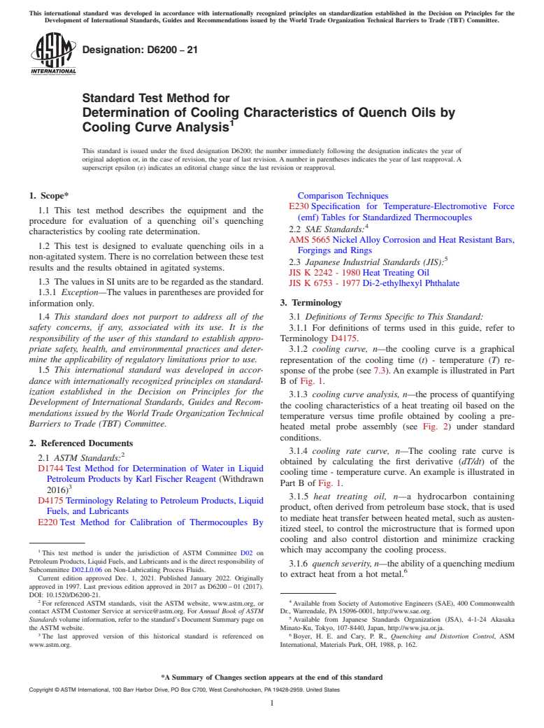 ASTM D6200-21 - Standard Test Method for Determination of Cooling Characteristics of Quench Oils by   Cooling Curve Analysis
