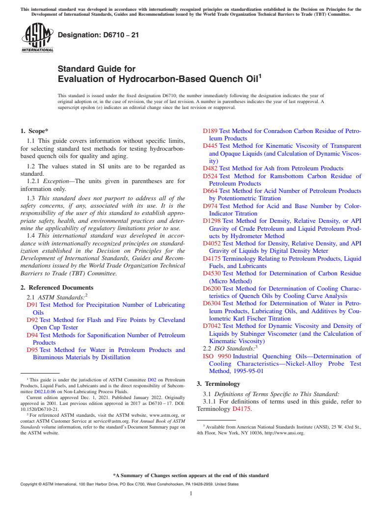 ASTM D6710-21 - Standard Guide for  Evaluation of Hydrocarbon-Based Quench Oil