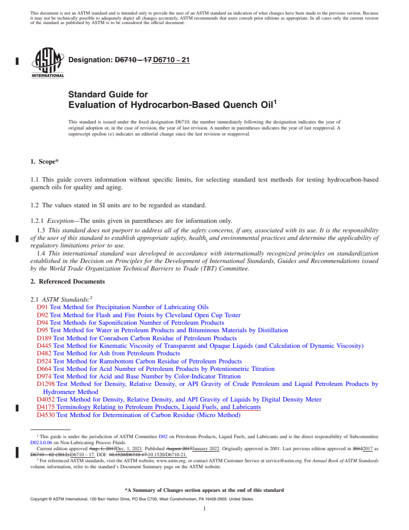 REDLINE ASTM D6710-21 - Standard Guide for  Evaluation of Hydrocarbon-Based Quench Oil