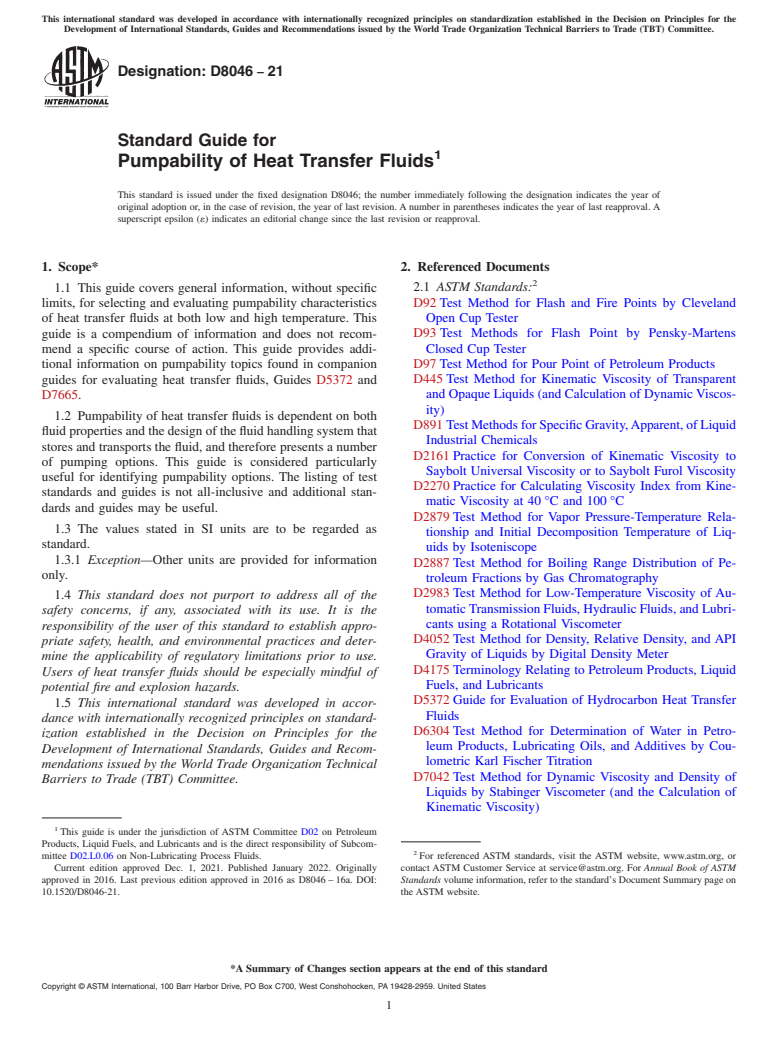 ASTM D8046-21 - Standard Guide for Pumpability of Heat Transfer Fluids