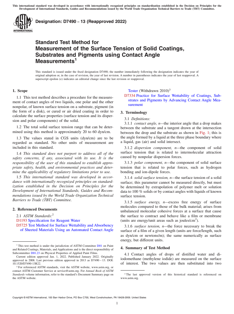 ASTM D7490-13(2022) - Standard Test Method for Measurement of the Surface Tension of Solid Coatings, Substrates  and    Pigments using Contact Angle Measurements