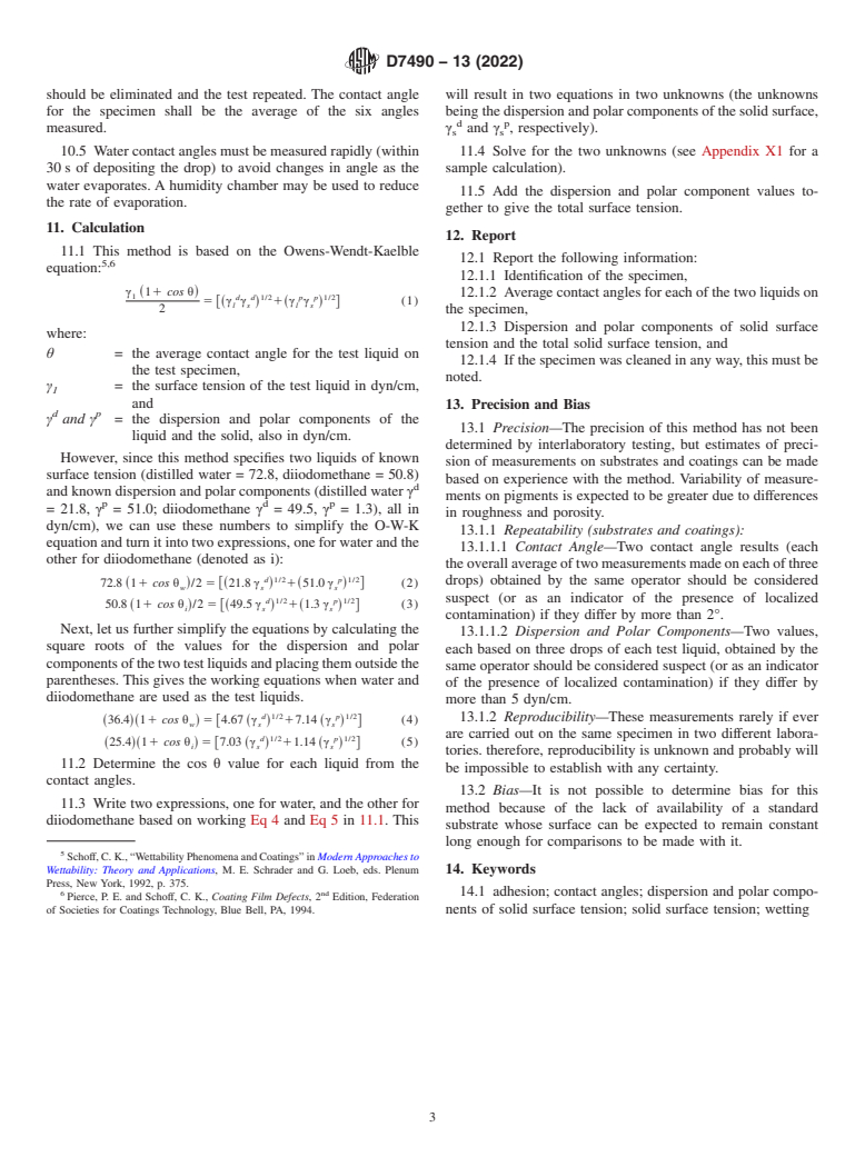 ASTM D7490-13(2022) - Standard Test Method for Measurement of the Surface Tension of Solid Coatings, Substrates  and    Pigments using Contact Angle Measurements