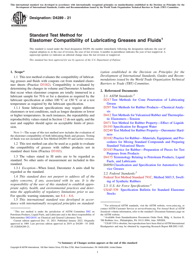 ASTM D4289-21 - Standard Test Method for  Elastomer Compatibility of Lubricating Greases and Fluids