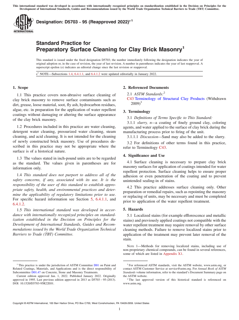 ASTM D5703-95(2022)e1 - Standard Practice for Preparatory Surface Cleaning for Clay Brick Masonry