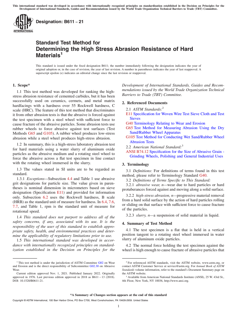ASTM B611-21 - Standard Test Method for Determining the High Stress Abrasion Resistance of Hard Materials