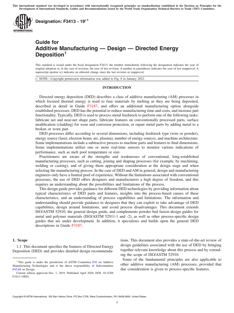 ASTM F3413-19e1 - Guide for Additive Manufacturing — Design — Directed Energy  Deposition