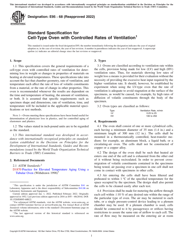 ASTM E95-68(2022) - Standard Specification for  Cell-Type Oven with Controlled Rates of Ventilation