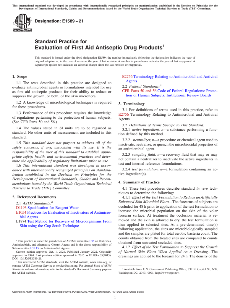 ASTM E1589-21 - Standard Practice for Evaluation of First Aid Antiseptic Drug Products