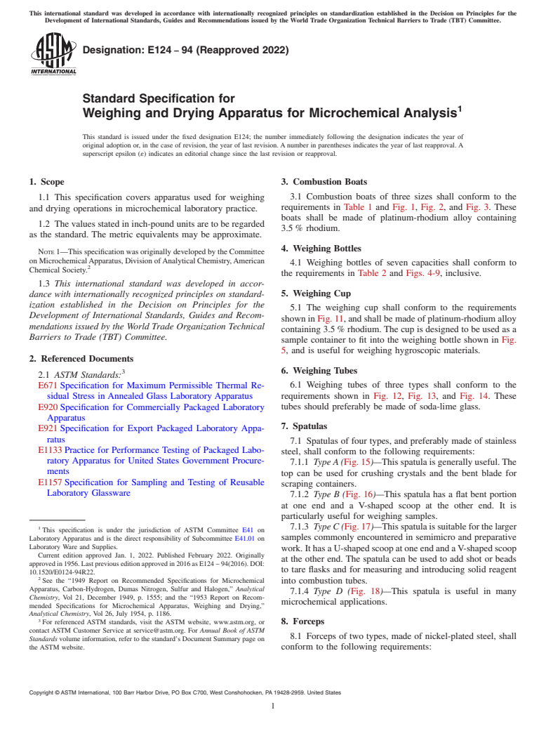 ASTM E124-94(2022) - Standard Specification for  Weighing and Drying Apparatus for Microchemical Analysis