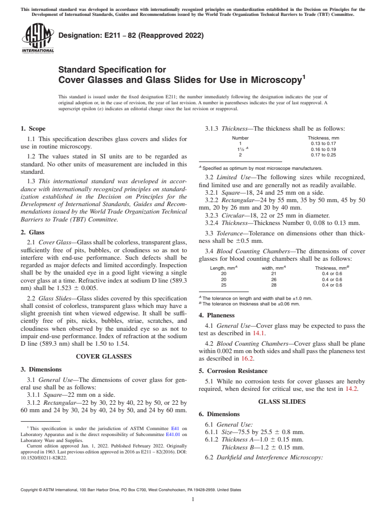 ASTM E211-82(2022) - Standard Specification for  Cover Glasses and Glass Slides for Use in Microscopy