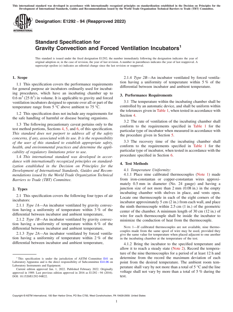 ASTM E1292-94(2022) - Standard Specification for  Gravity Convection and Forced Ventilation Incubators