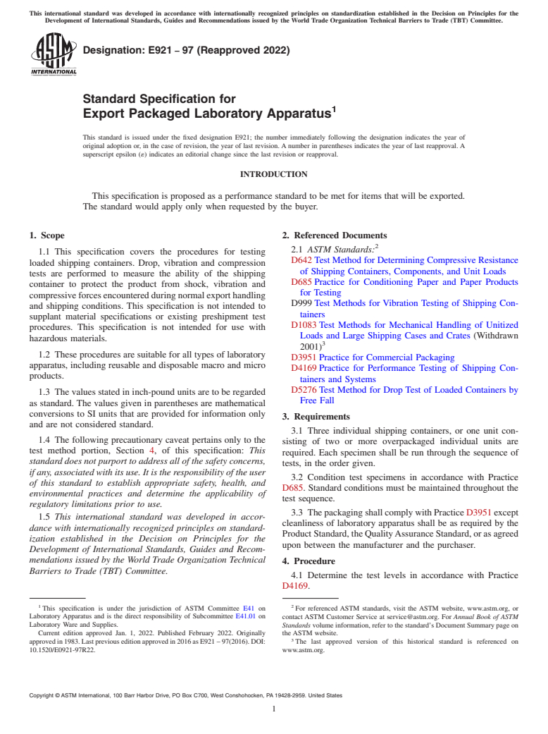 ASTM E921-97(2022) - Standard Specification for  Export Packaged Laboratory Apparatus