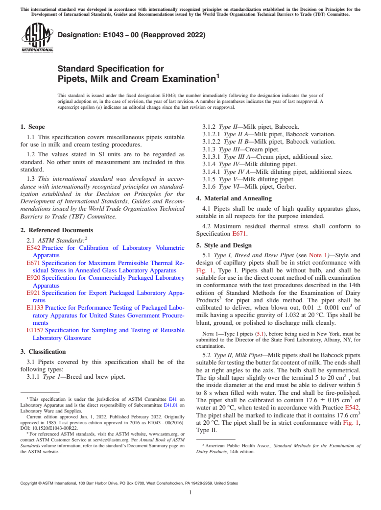 ASTM E1043-00(2022) - Standard Specification for  Pipets, Milk and Cream Examination