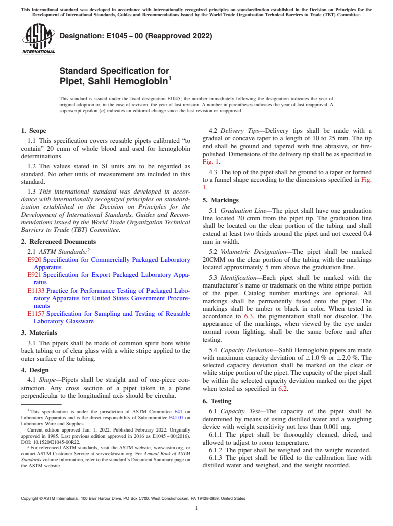 ASTM E1045-00(2022) - Standard Specification for  Pipet, Sahli Hemoglobin