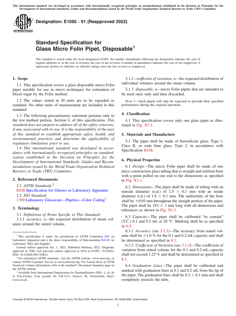 ASTM E1092-91(2022) - Standard Specification for  Glass Micro Folin Pipet, Disposable