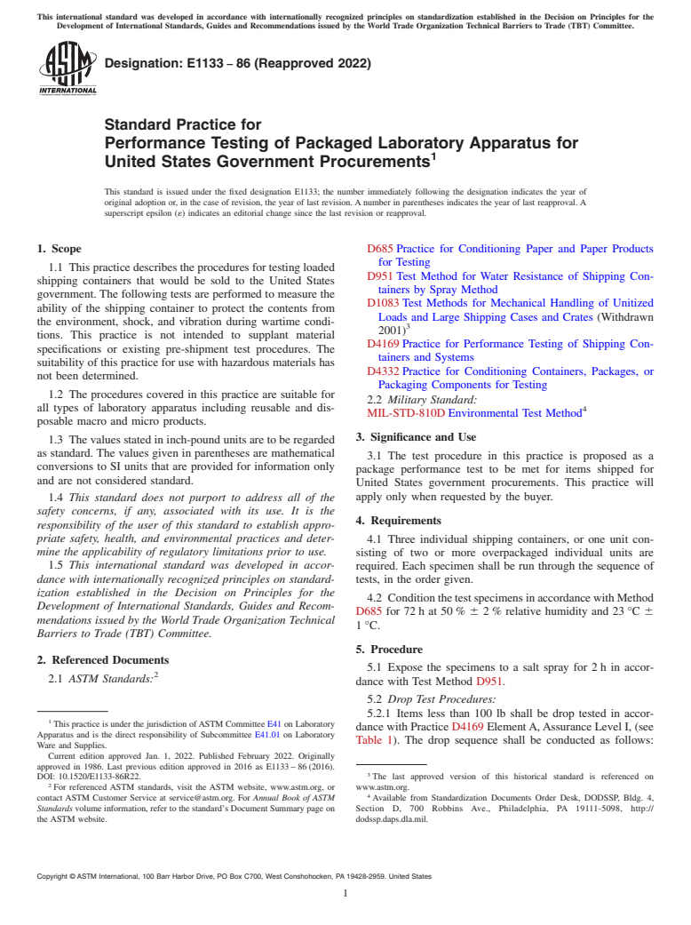 ASTM E1133-86(2022) - Standard Practice for  Performance Testing of Packaged Laboratory Apparatus for United  States Government Procurements