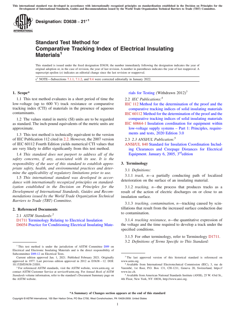 ASTM D3638-21e1 - Standard Test Method for  Comparative Tracking Index of Electrical Insulating Materials