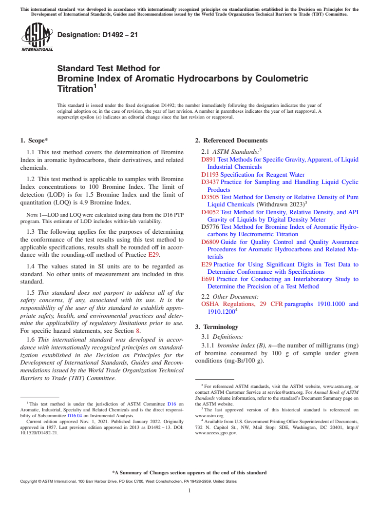 ASTM D1492-21 - Standard Test Method for Bromine Index of Aromatic Hydrocarbons by Coulometric  Titration