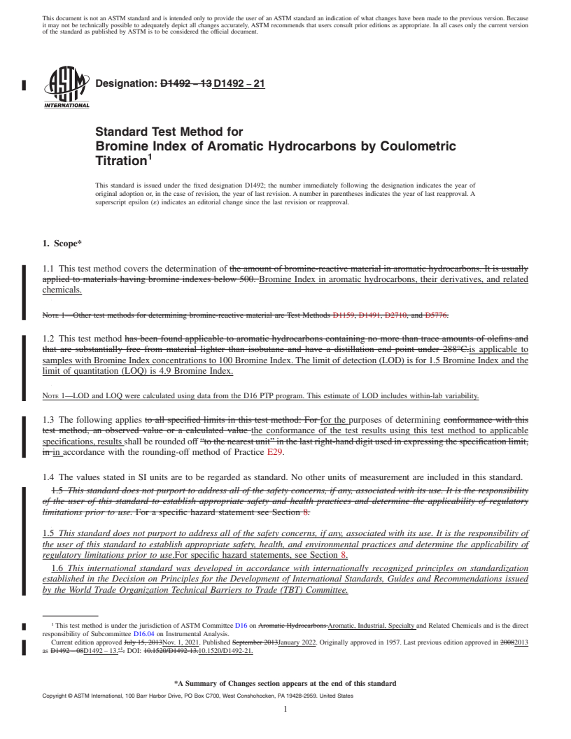 REDLINE ASTM D1492-21 - Standard Test Method for Bromine Index of Aromatic Hydrocarbons by Coulometric  Titration