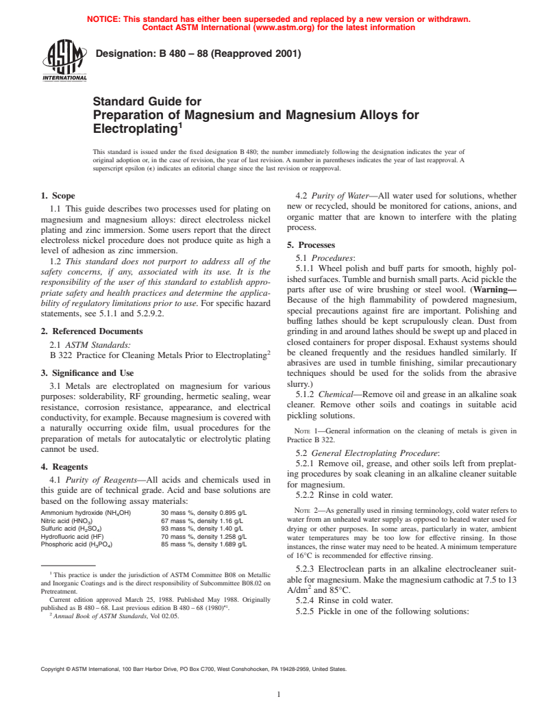 ASTM B480-88(2001) - Standard Guide for Preparation of Magnesium and Magnesium Alloys for Electroplating
