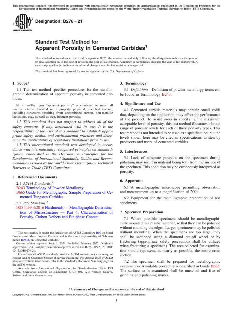 ASTM B276-21 - Standard Test Method for  Apparent Porosity in Cemented Carbides