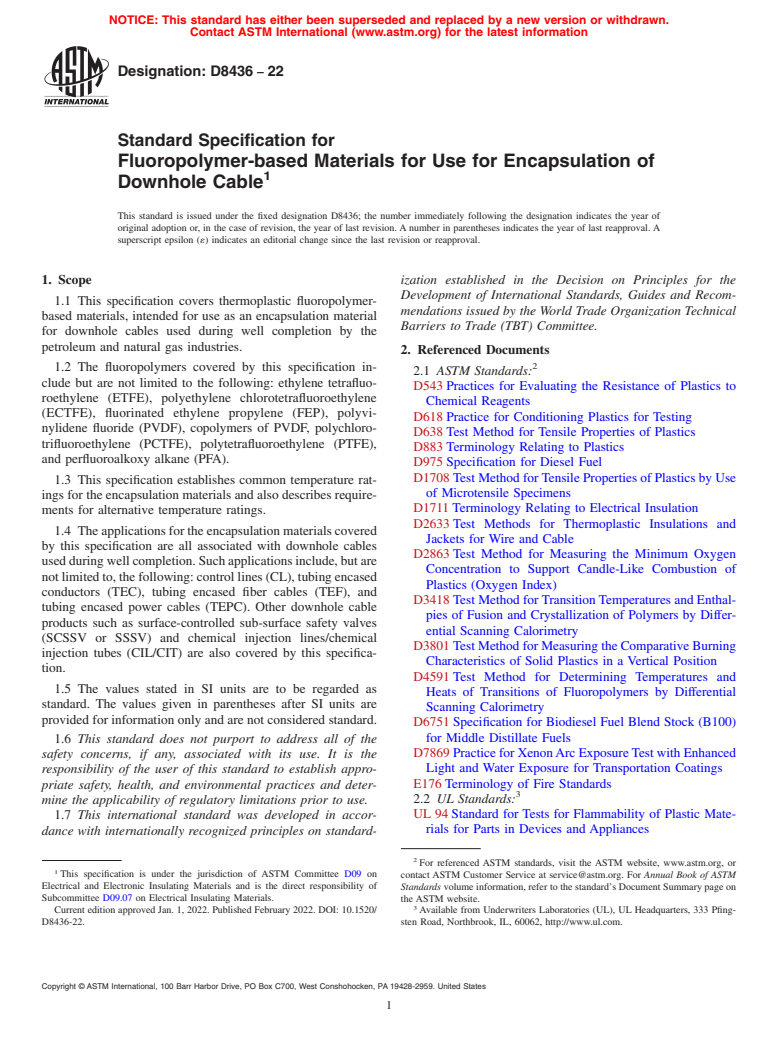 ASTM D8436-22 - Standard Specification for Fluoropolymer-based Materials for Use for Encapsulation of  Downhole Cable