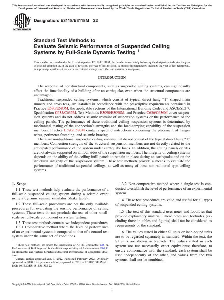 ASTM E3118/E3118M-22 - Standard Test Methods to Evaluate Seismic Performance of Suspended Ceiling Systems by  Full-Scale Dynamic Testing