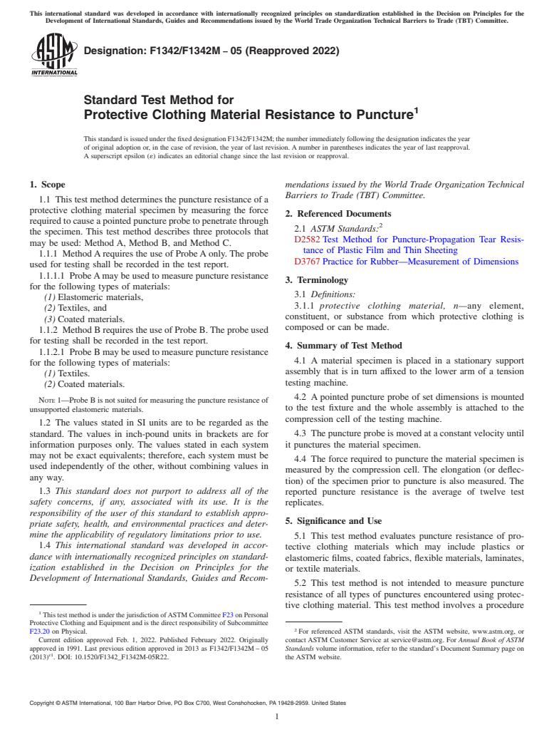 ASTM F1342/F1342M-05(2022) - Standard Test Method for Protective Clothing Material Resistance to Puncture