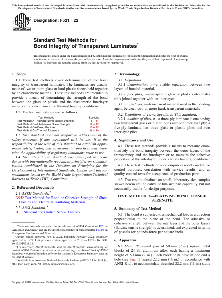 ASTM F521-22 - Standard Test Methods for  Bond Integrity of Transparent Laminates