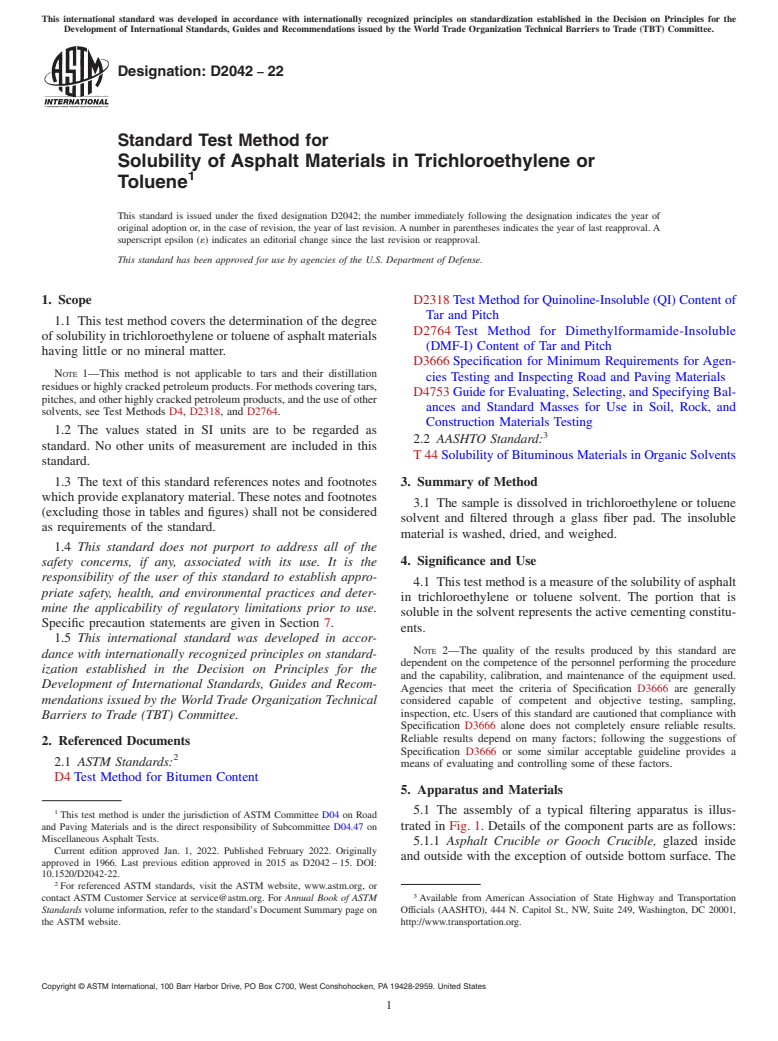 ASTM D2042-22 - Standard Test Method for  Solubility of Asphalt Materials in Trichloroethylene or Toluene
