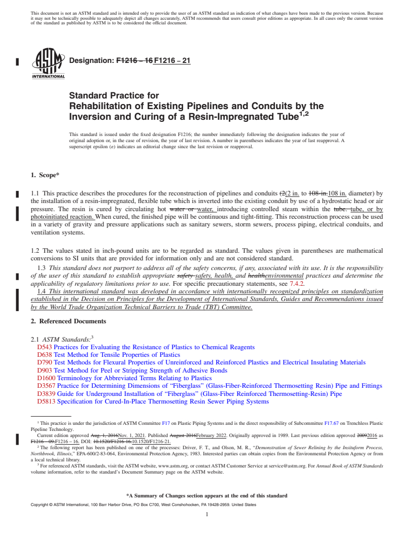 REDLINE ASTM F1216-21 - Standard Practice for Rehabilitation of Existing Pipelines and Conduits by the Inversion  and Curing of a Resin-Impregnated Tube