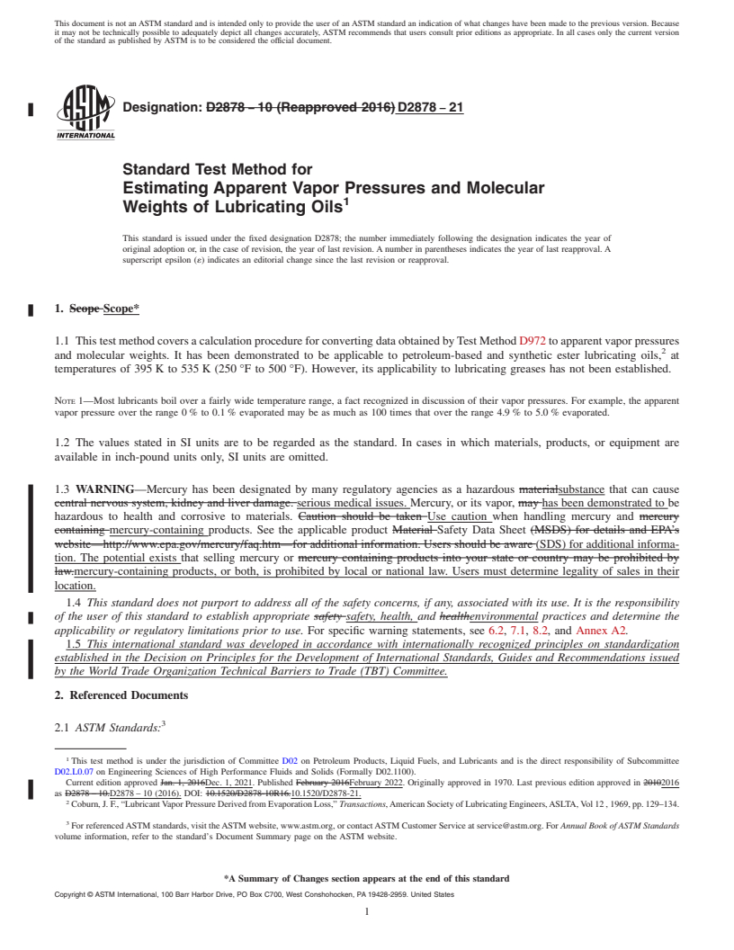 REDLINE ASTM D2878-21 - Standard Test Method for  Estimating Apparent Vapor Pressures and Molecular Weights of   Lubricating Oils