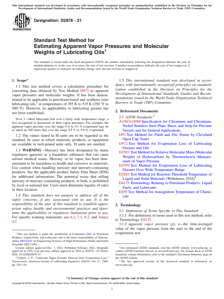 ASTM D2878-21 - Standard Test Method for  Estimating Apparent Vapor Pressures and Molecular Weights of   Lubricating Oils