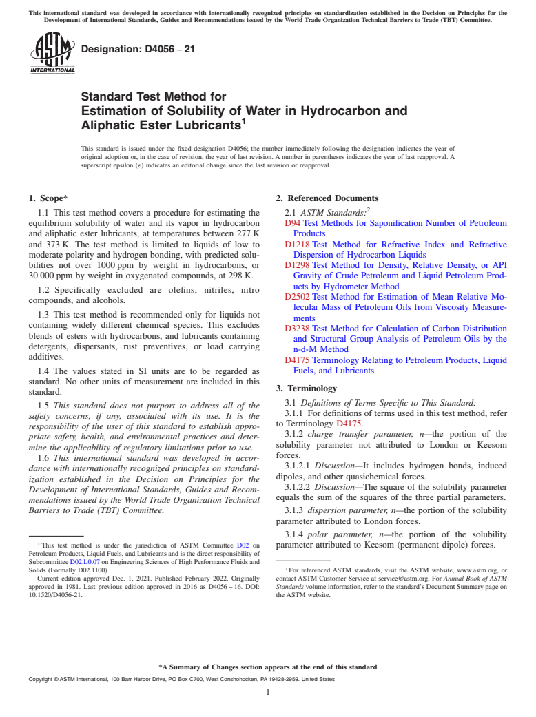 ASTM D4056-21 - Standard Test Method for  Estimation of Solubility of Water in Hydrocarbon and Aliphatic   Ester Lubricants
