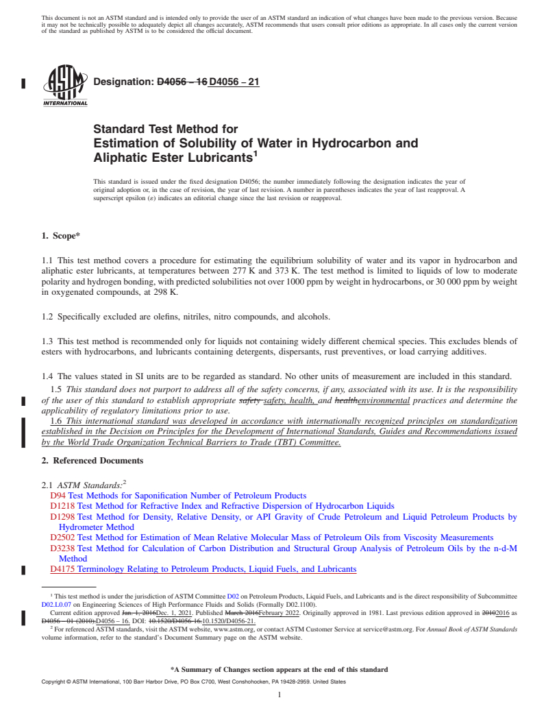REDLINE ASTM D4056-21 - Standard Test Method for  Estimation of Solubility of Water in Hydrocarbon and Aliphatic   Ester Lubricants