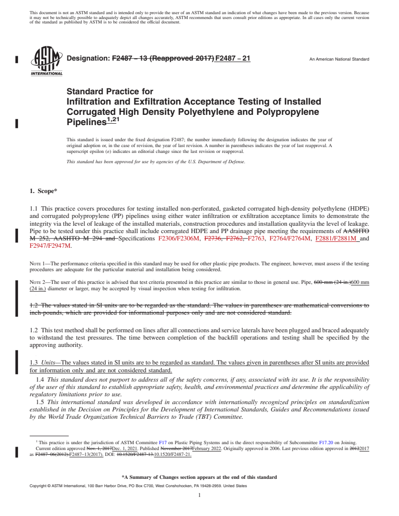 REDLINE ASTM F2487-21 - Standard Practice for  Infiltration and Exfiltration Acceptance Testing of Installed  Corrugated   High Density Polyethylene and Polypropylene Pipelines