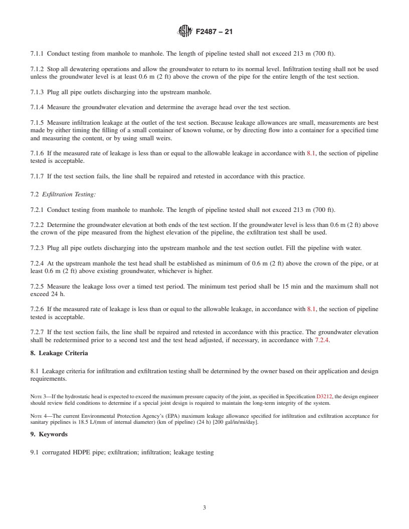 REDLINE ASTM F2487-21 - Standard Practice for  Infiltration and Exfiltration Acceptance Testing of Installed  Corrugated   High Density Polyethylene and Polypropylene Pipelines