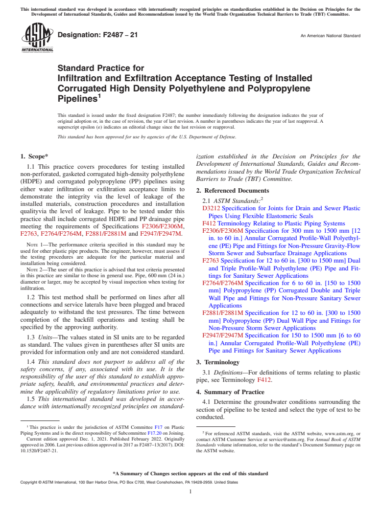 ASTM F2487-21 - Standard Practice for  Infiltration and Exfiltration Acceptance Testing of Installed  Corrugated   High Density Polyethylene and Polypropylene Pipelines