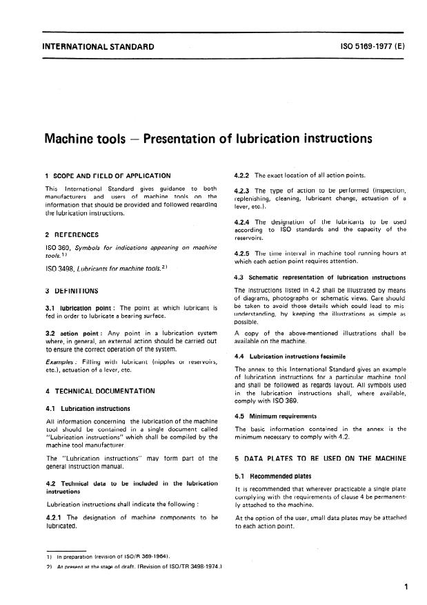 ISO 5169:1977 - Machine tools -- Presentation of lubrication instructions
