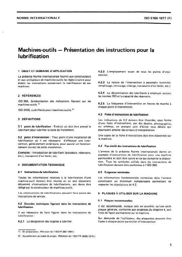 ISO 5169:1977 - Machines-outils -- Présentation des instructions pour la lubrification