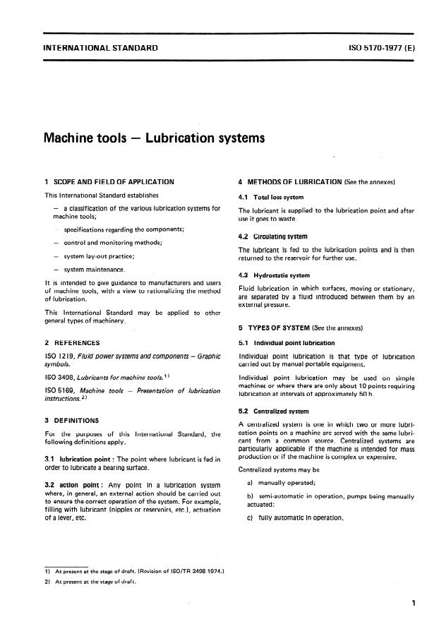 ISO 5170:1977 - Machine tools -- Lubrication systems
