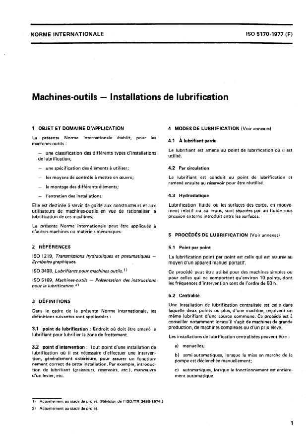 ISO 5170:1977 - Machines-outils -- Installations de lubrification