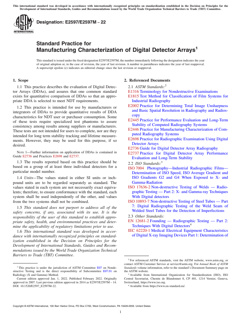 ASTM E2597/E2597M-22 - Standard Practice for  Manufacturing Characterization of Digital Detector Arrays